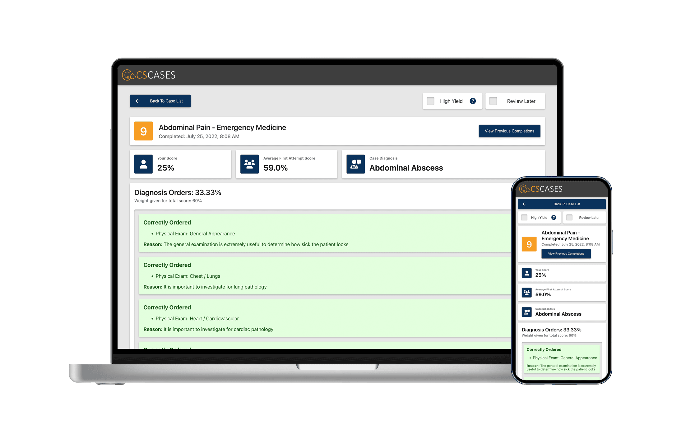Updated display of the CCS Cases grading feature, showing better organization of the user's performance feedback