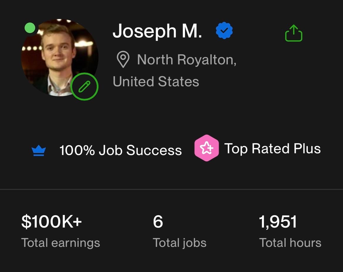 A screenshot of Joseph's Upwork profile, showing his Top Rated Plus status, 100% job success score, $100k+ earnings, and 1,951 total hours worked.