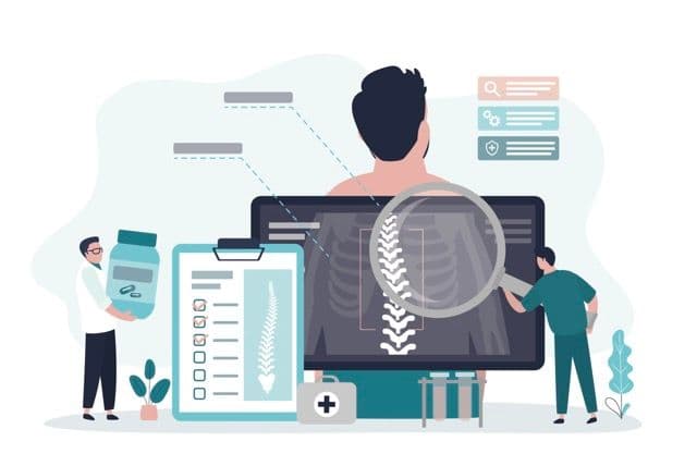 Illustration of a man with a magnifying glass over a desktop monitor showing a man's spine x-ray