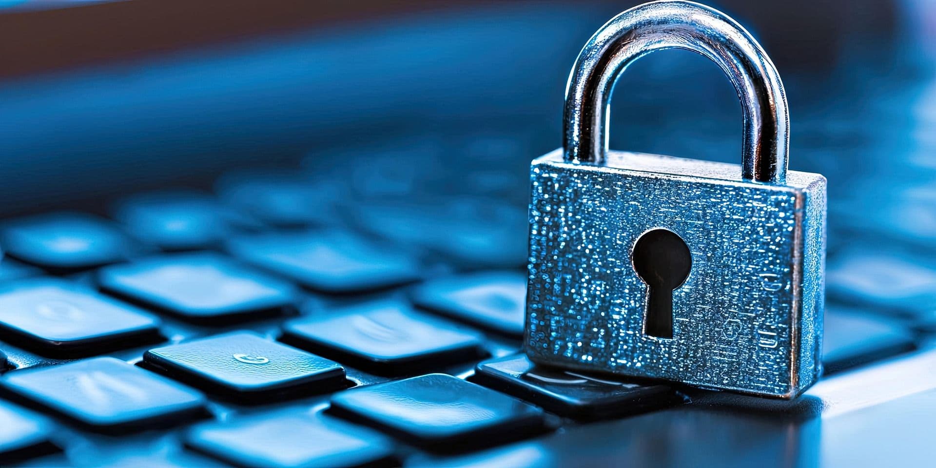 A padlock sitting on top of a laptop keyboard